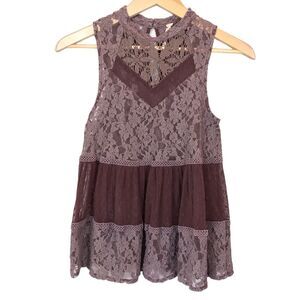 FREE PEOPLE Tiered Size S Purple Lace Lady Bird Top Swing Tank‎ High Neck Mesh